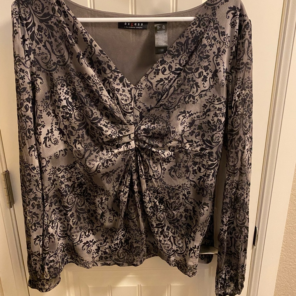 Liz Claiborne AXCESS Top XL Black Gray Stretch Blouse Shirt Long Sleeve